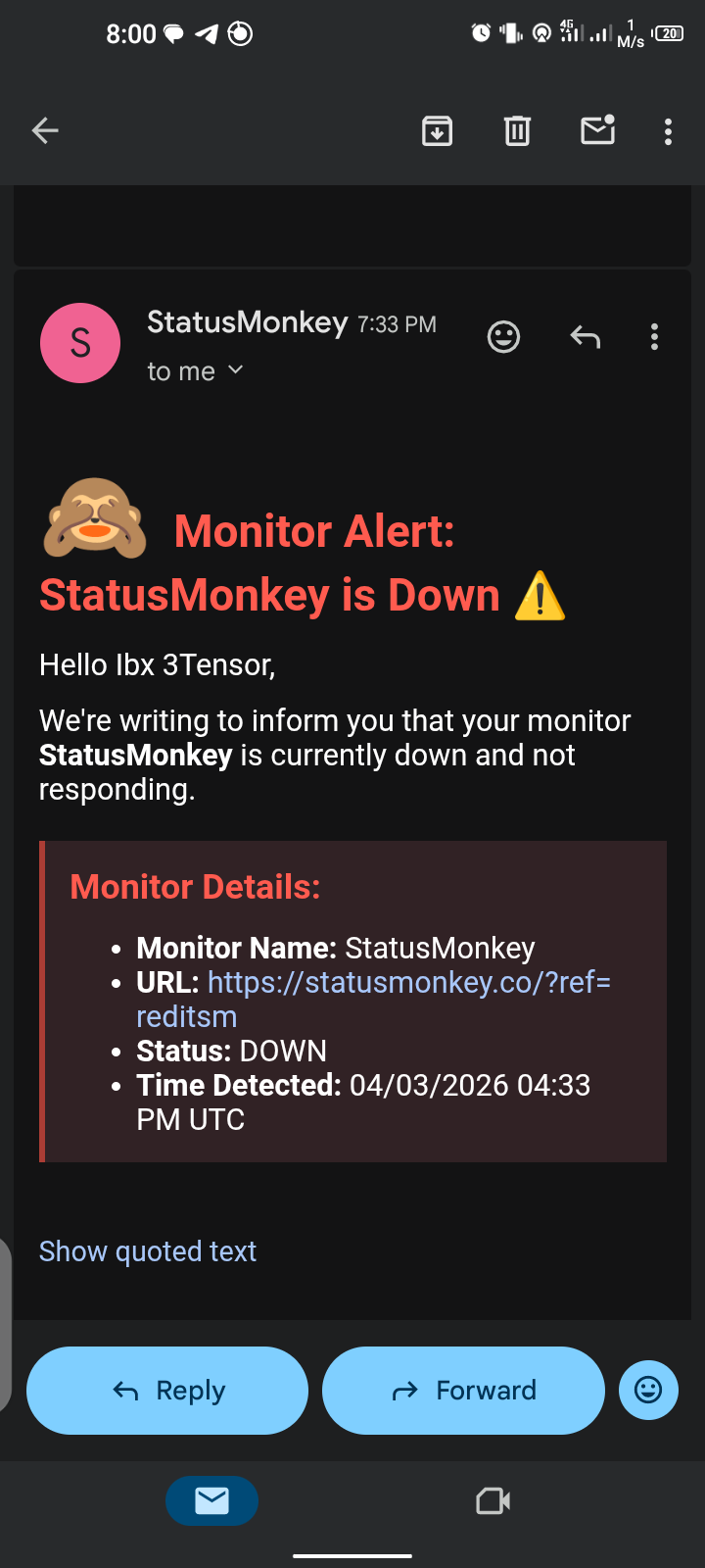Email notification from StatusMonkey alerting that a monitor is down, including monitor name, URL, status, and time detected.
