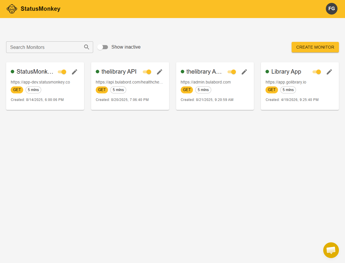 StatusMonkey dashboard with monitor cards listing URLs, GET badges, check intervals, and creation timestamps.